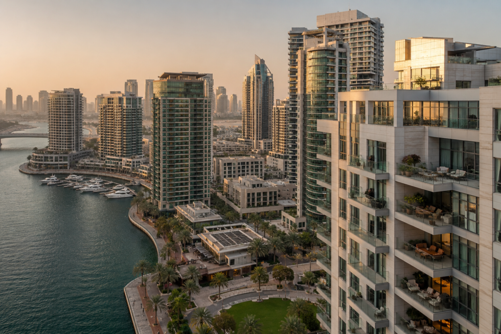 Aerial view of modern Dubai waterfront residential towers and marina in warm golden-hour light
