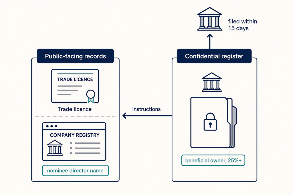 Diagram contrasting public company records naming a nominee with a confidential register recording the beneficial owner.