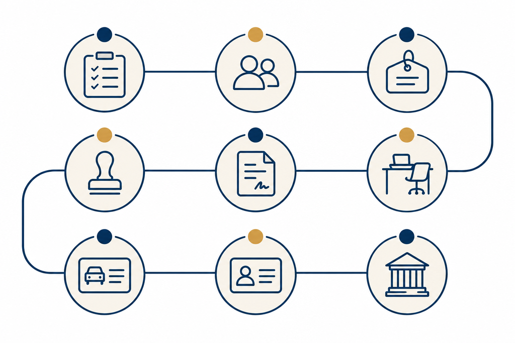 Flat vector diagram of nine linked icons forming a left-to-right business setup process flow.
