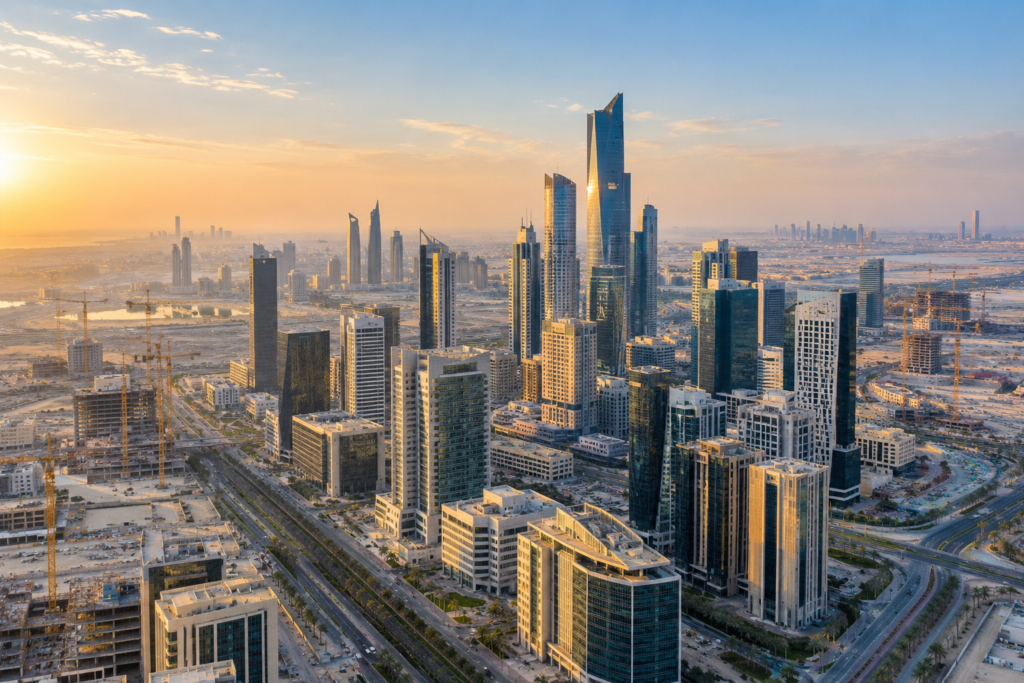 Aerial view of a modern capital city's office-tower district in soft dawn light, with construction cranes beyond