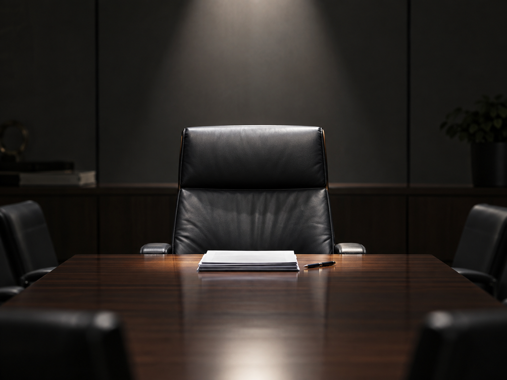 An empty executive chair at the head of a dark conference table under a single overhead light.