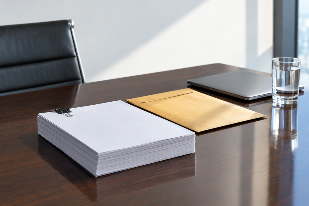 A thick unopened tender document and sealed envelope on an empty boardroom table in hard window light