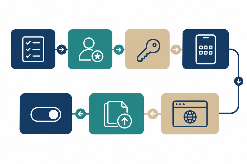 Flat vector diagram of a seven-step registration pathway shown as icons linked by arrows.